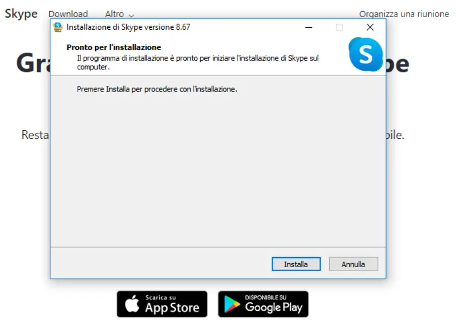 Inizio dell'installazione di skype sul pc