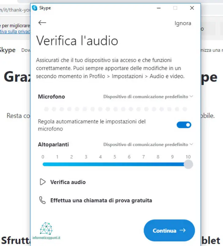 Schermata di verifica delle impostazioni audio di skype