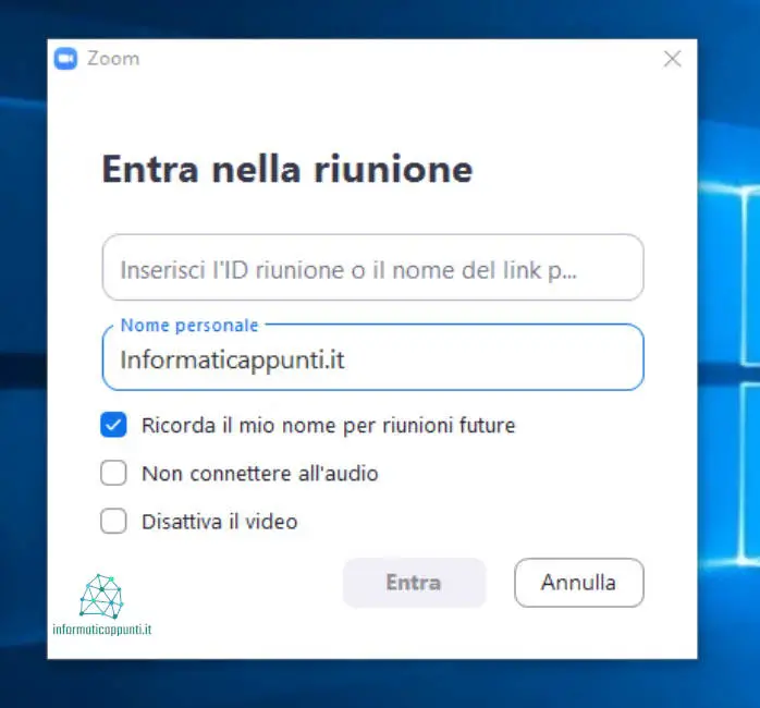 Schermata di accesso a una riunione