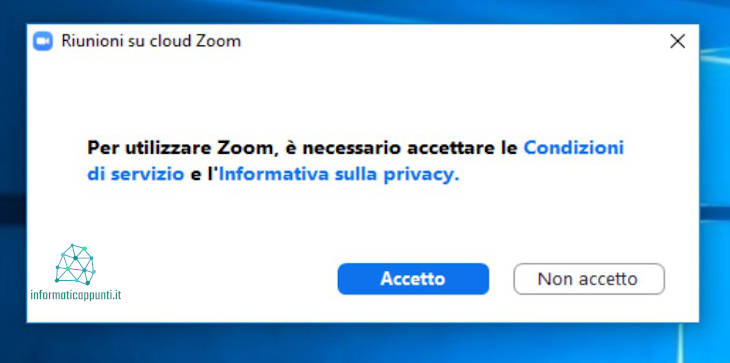 Schermata accettazione condizioni di servizio di zoom