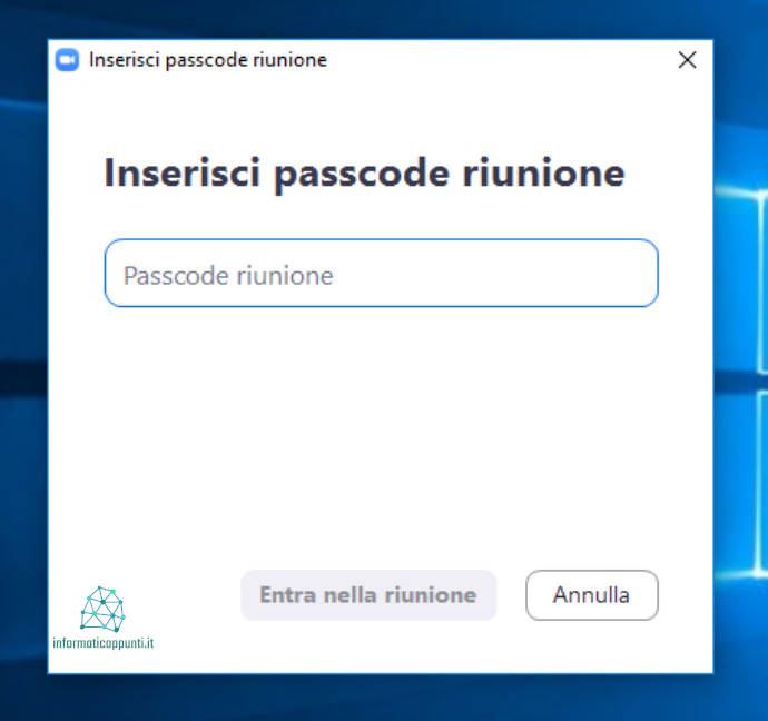 Schermata Inserisci passcode riunione