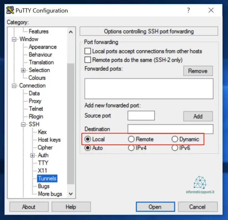 Schermata Tunnels per la configurazione del tunneling SSH in putty