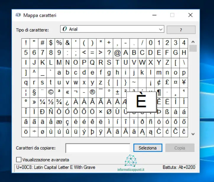 la e accentata maiuscola sulla mappa caratteri di windows