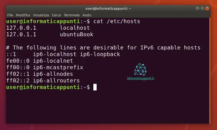 Il contenuto del file hosts di default di Ubuntu linux