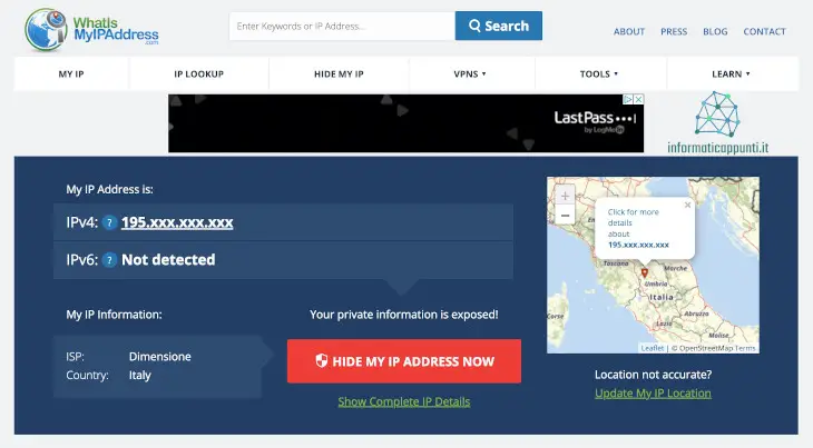 la schermata di whatismyipaddress con le informazioni sull'indirizzo ip pubblico
