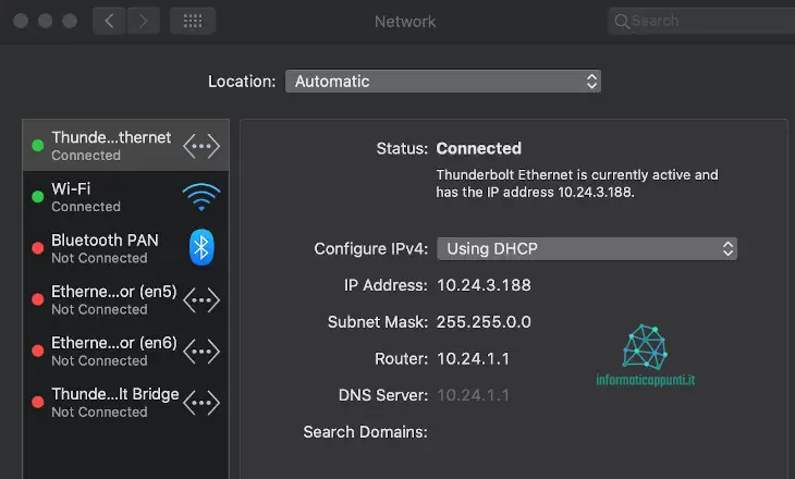 La schermata impostazioni di rete di mac OS con l'indirizzo IP privato