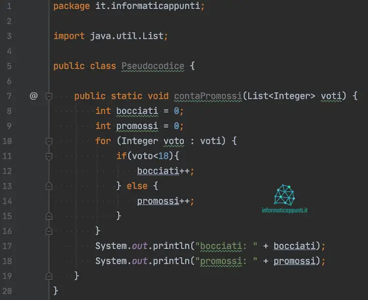 Rappresentazione in java dello pseudocodice visto nell'esempio