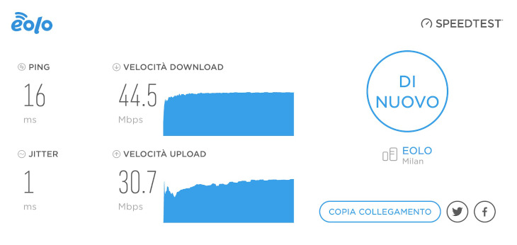 risultato di uno speed test con indicato il valore del jitter