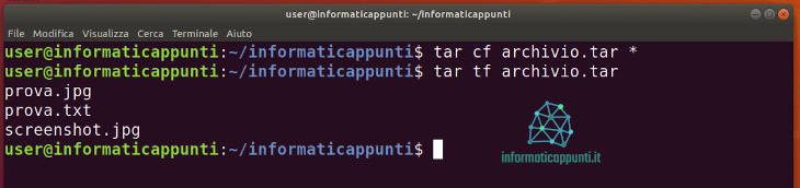 uso del comando tar tf per ottenere la lista dei file contenuti in un archivio tar