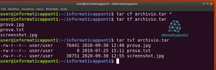 Esempio del comando tar tvf per vedere la lista dei file contenuti in un archivio tar con più dettagli