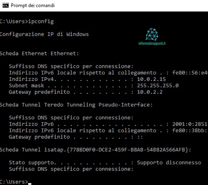 Il risultato del comando ipconfig in windows con il proprio indirizzo IP privato