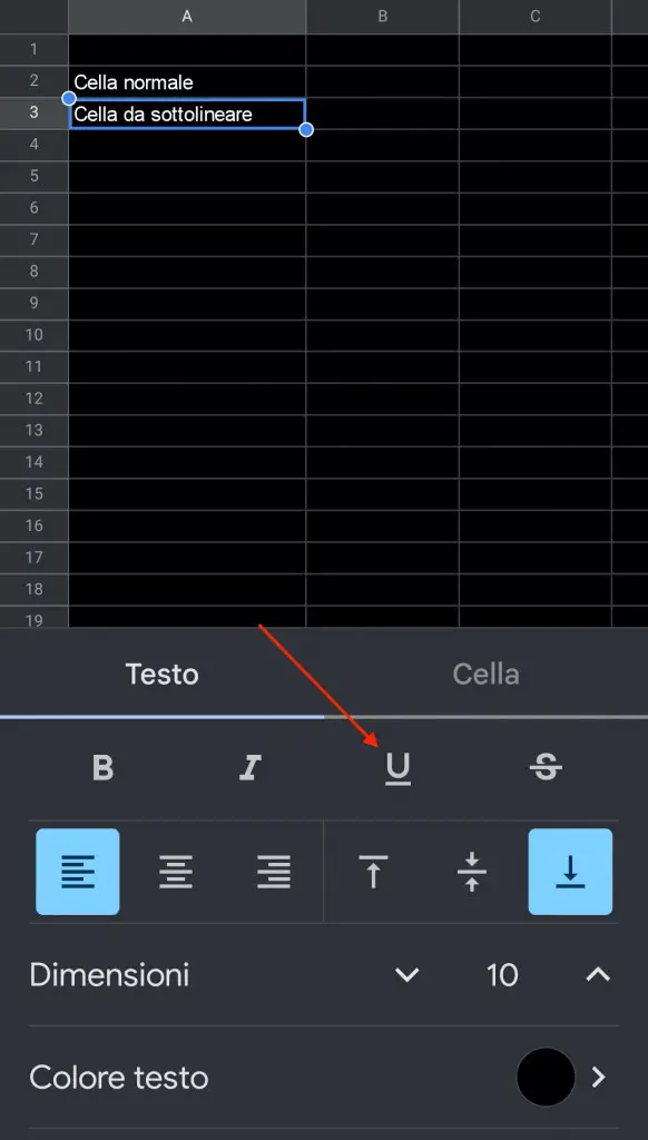 icona sottolineatura in fogli google per android