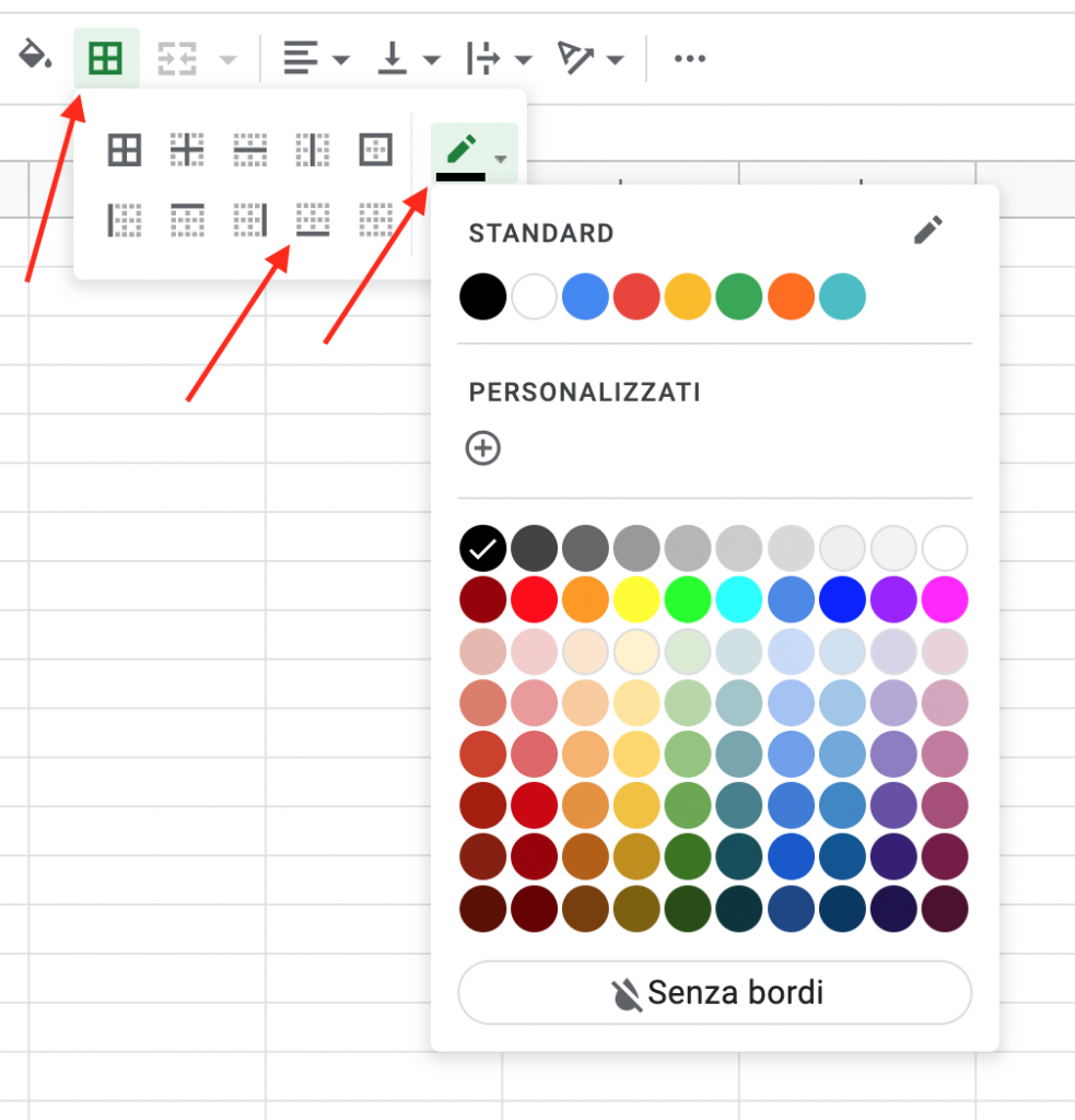 menu colore bordo in fogli google