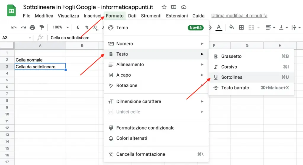 menu formato - sottolinea in fogli google