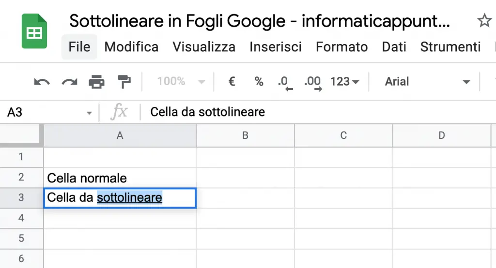 sottolineare parzialmente una cella in fogli google